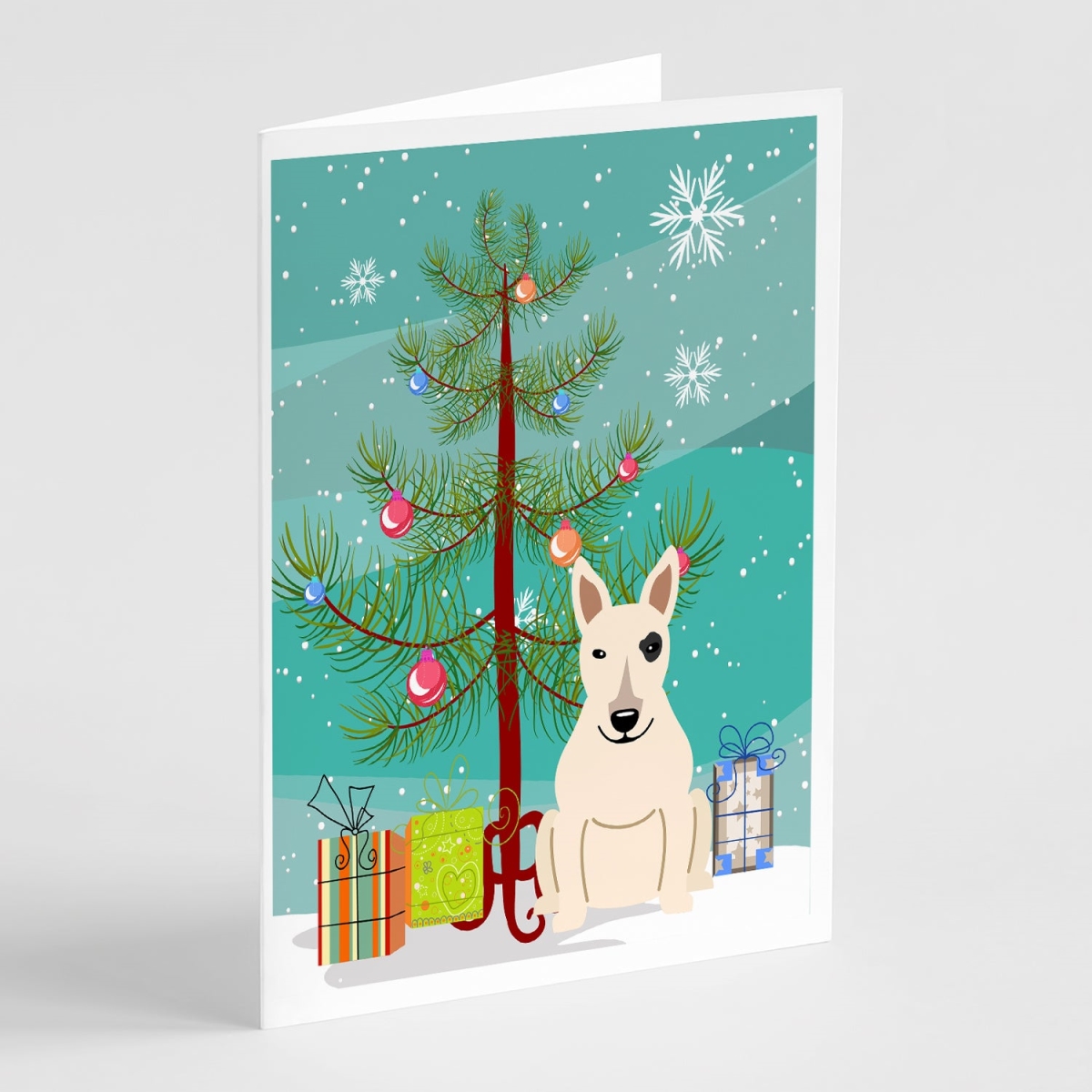 BB4263GCA7P 5 x 7 in. Merry Christmas Tree Bull Terrier White Greeting Cards - Pack of 8