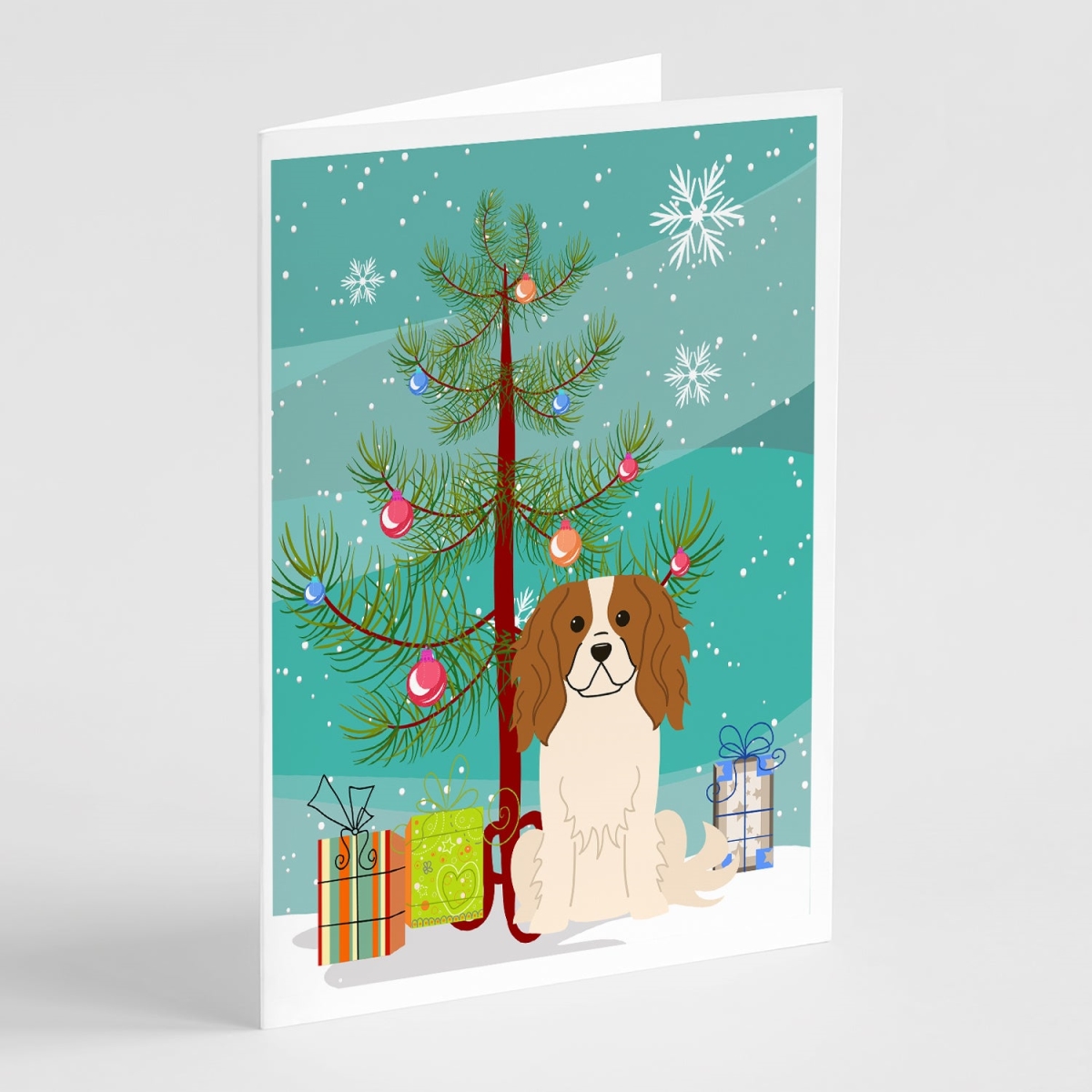 BB4183GCA7P 5 x 7 in. Merry Christmas Tree Cavalier Spaniel Greeting Cards - Pack of 8