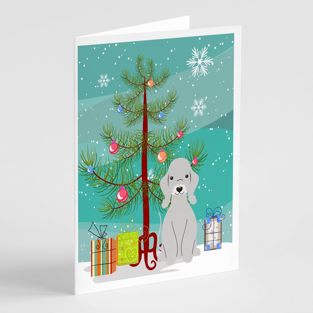 BB4215GCA7P 5 x 7 in. Merry Christmas Tree Bedlington Terrier Blue Greeting Cards - Pack of 8