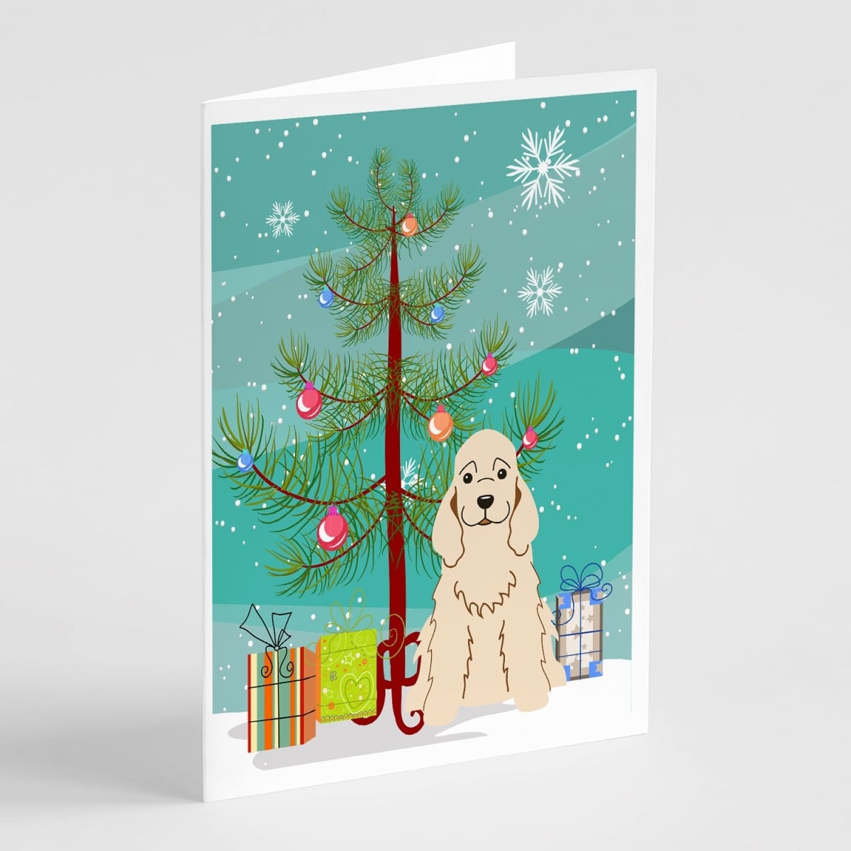 BB4219GCA7P 5 x 7 in. Merry Christmas Tree Cocker Spaniel Buff Greeting Cards - Pack of 8