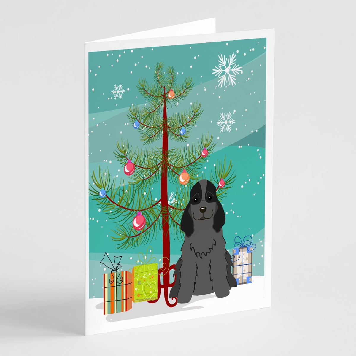 BB4217GCA7P 5 x 7 in. Merry Christmas Tree Cocker Spaniel Black Greeting Cards - Pack of 8