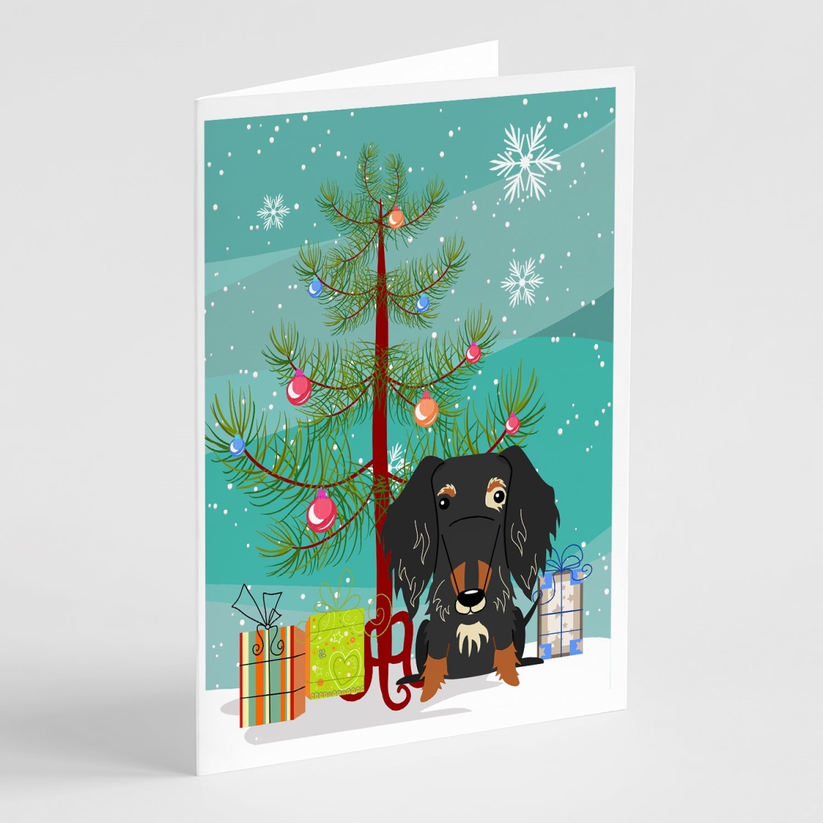 BB4253GCA7P 5 x 7 in. Merry Christmas Tree Wire Haired Dachshund Dapple Greeting Cards - Pack of 8