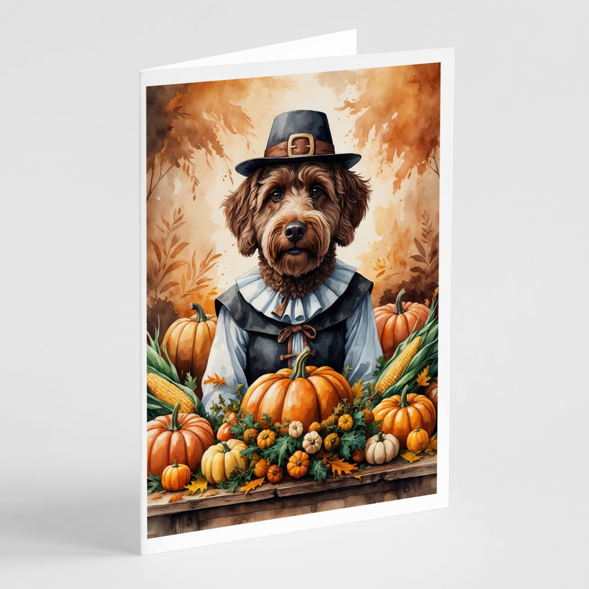 DAC8319GCA7P 5 x 7 in. Chocolate Labradoodle Thanksgiving Greeting Cards - Pack of 8