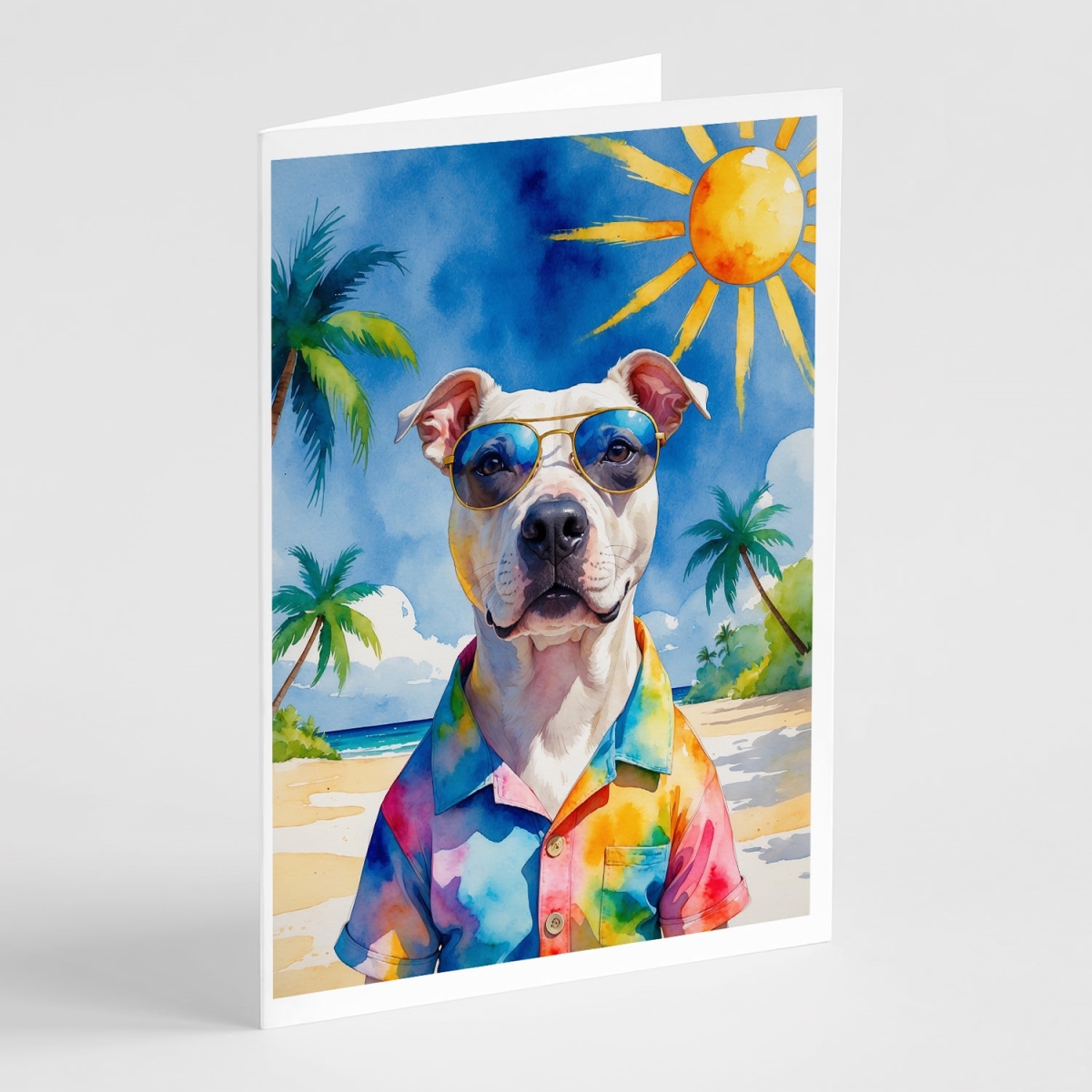 DAC8287GCA7P 5 x 7 in. Pit Bull Terrier Summer Beach Time Greeting Cards - Pack of 8