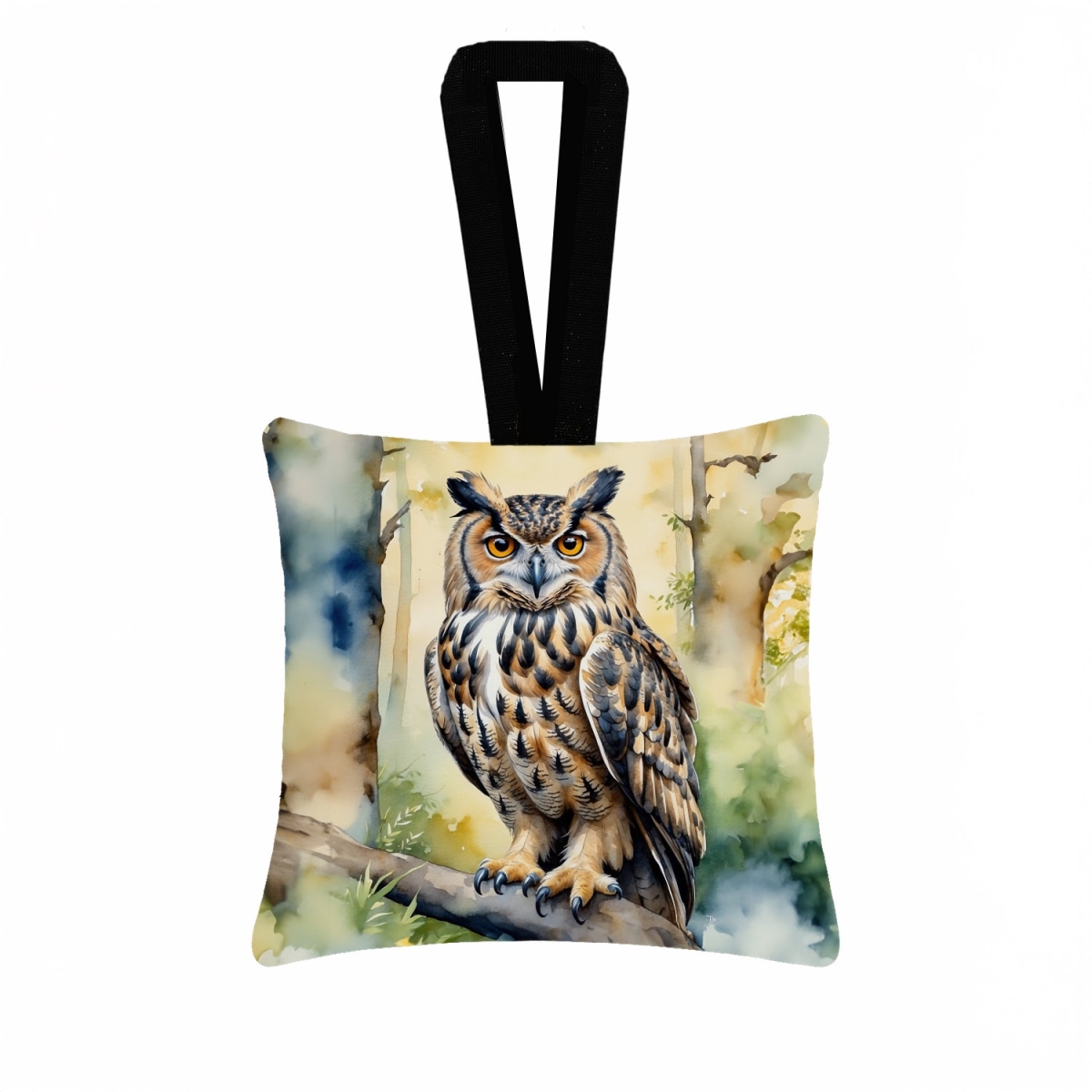 DAC7458PO3 3.5 x 3.5 in. Eurasian Eagle Owl Hanging Square Fabric Ornament