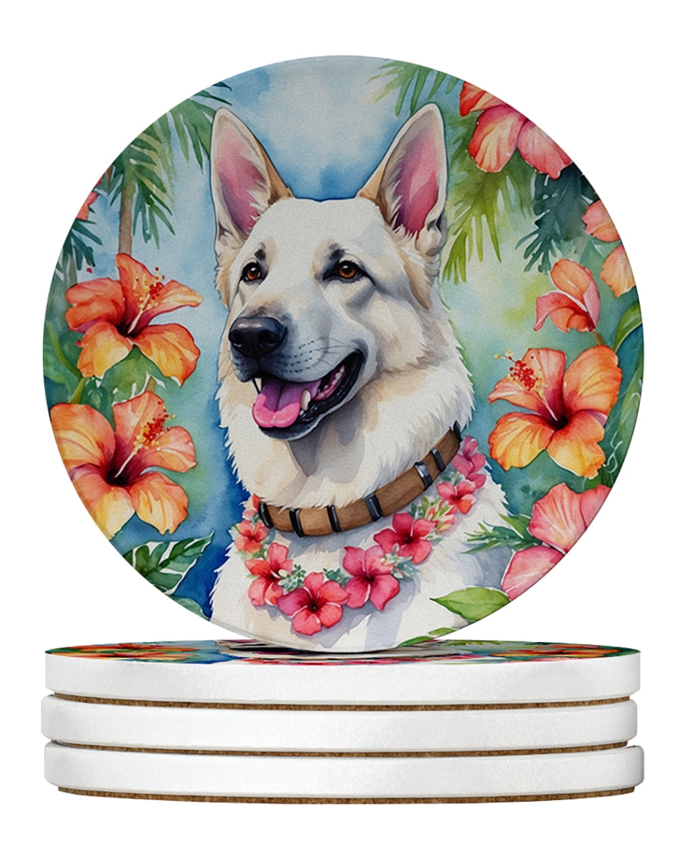 DAC6438RCS4 4 x 4 in. White German Shepherd Luau Sandstone Coasters - Large - Pack of 4