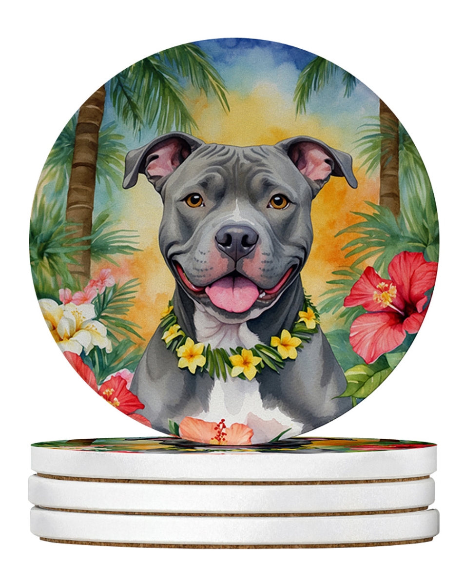 DAC6491RCS4 4 x 4 in. Pit Bull Terrier Luau Sandstone Coasters - Large - Pack of 4