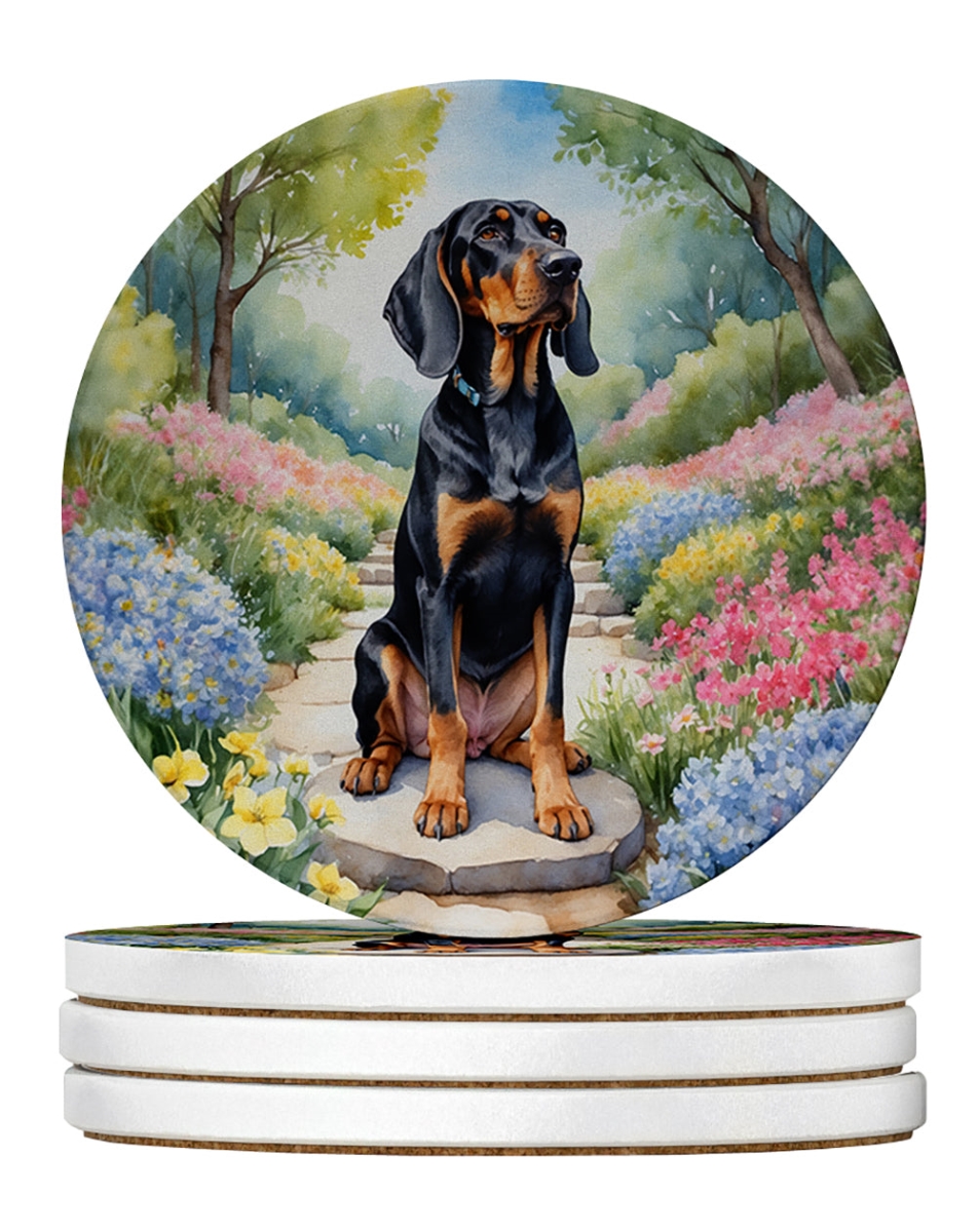 DAC6570RCS4 4 x 4 in. Black & Tan Coonhound Spring Path Sandstone Coasters - Large - Pack of 4
