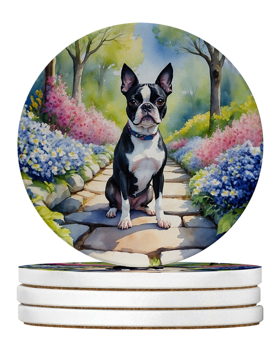 DAC6577RCS4 4 x 4 in. Boston Terrier Spring Path Sandstone Coasters - Large - Pack of 4
