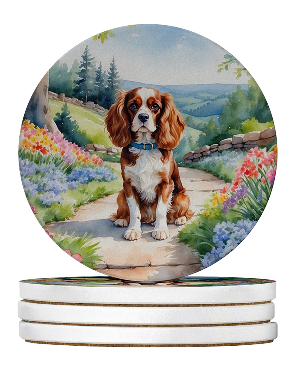 DAC6593RCS4 4 x 4 in. Cavalier Spaniel Spring Path Sandstone Coasters - Large - Pack of 4