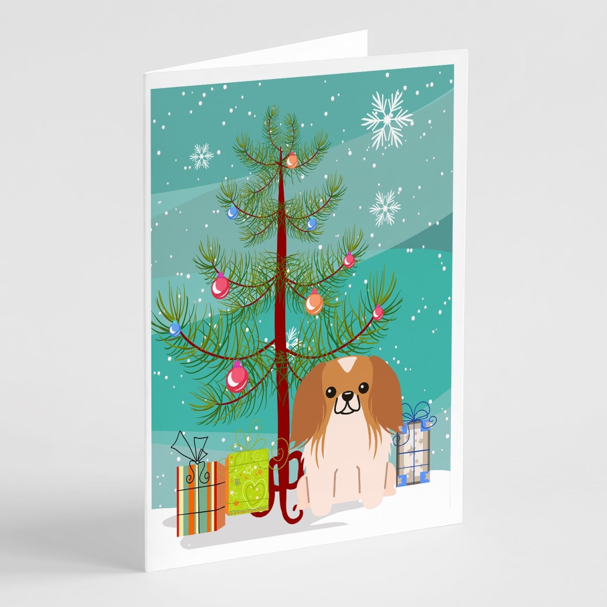 BB4228GCA7P 5 x 7 in. Merry Christmas Tree Pekingese Red White Greeting Cards - Pack of 8