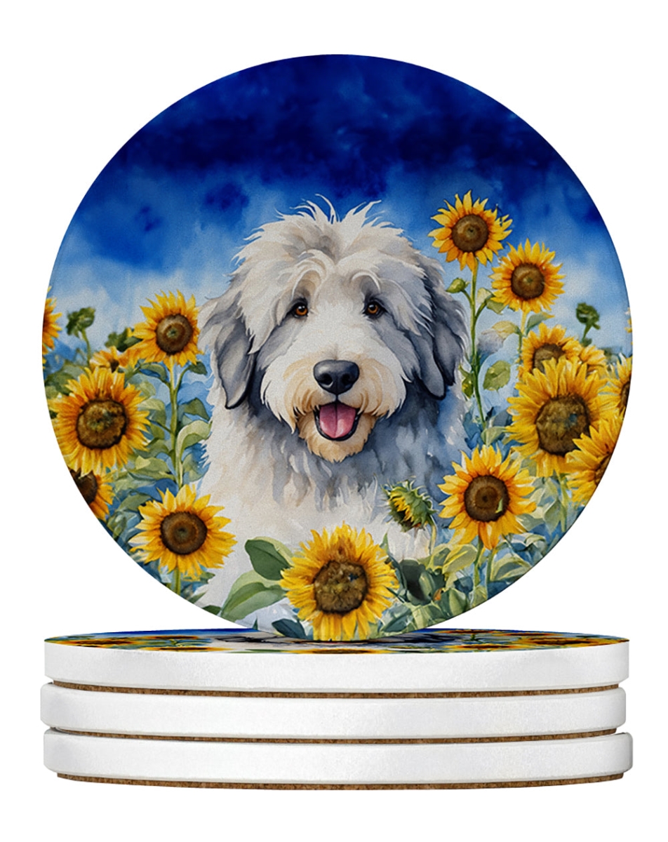 DAC6129RCS4 4 x 4 in. Old English Sheepdog in Sunflowers Sandstone Coasters - Large - Pack of 4
