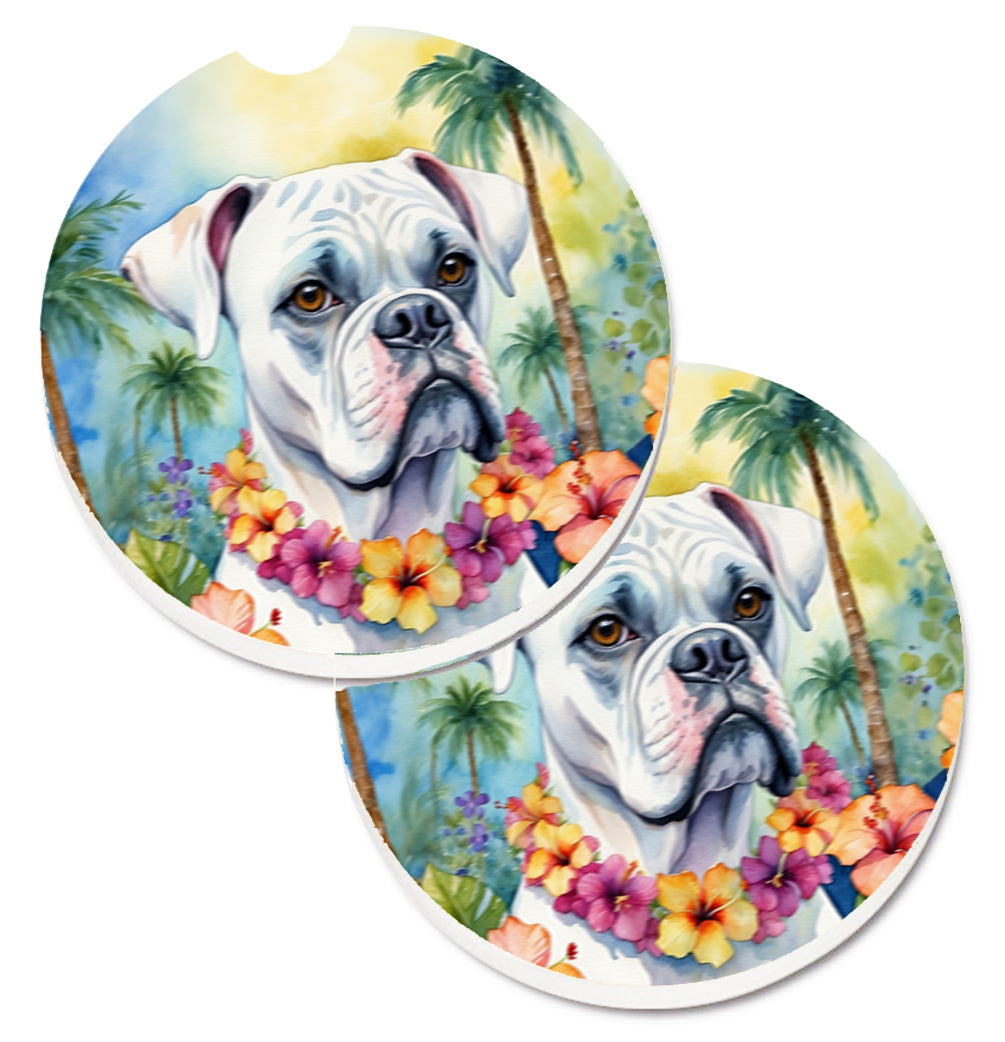 DAC6387CARC 2.5 x 2.5 in. White Boxer Luau Cup Holder Car Coasters - Set of 2