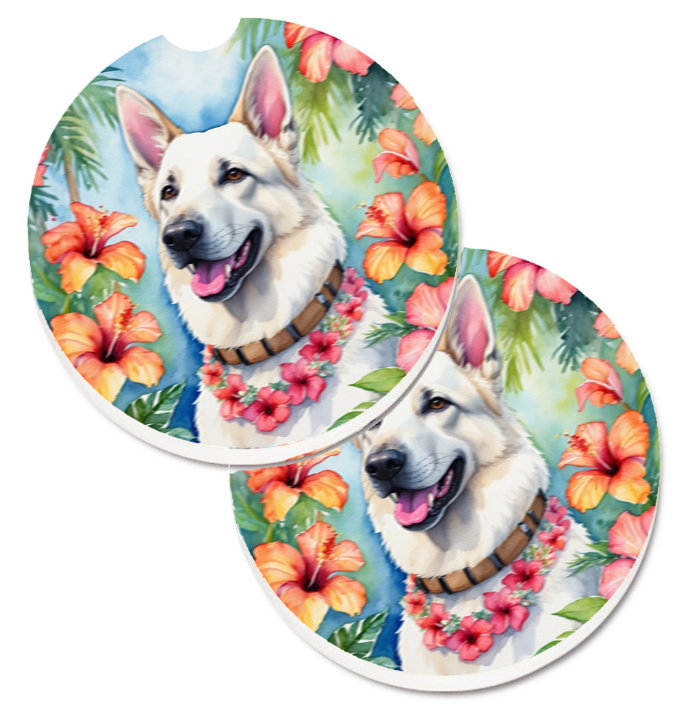 DAC6438CARC 2.5 x 2.5 in. White German Shepherd Luau Cup Holder Car Coasters - Set of 2