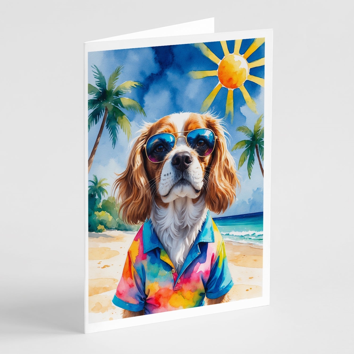 DAC8265GCA7P 5 x 7 in. Cavalier Spaniel Summer Beach Time Greeting Cards - Pack of 8