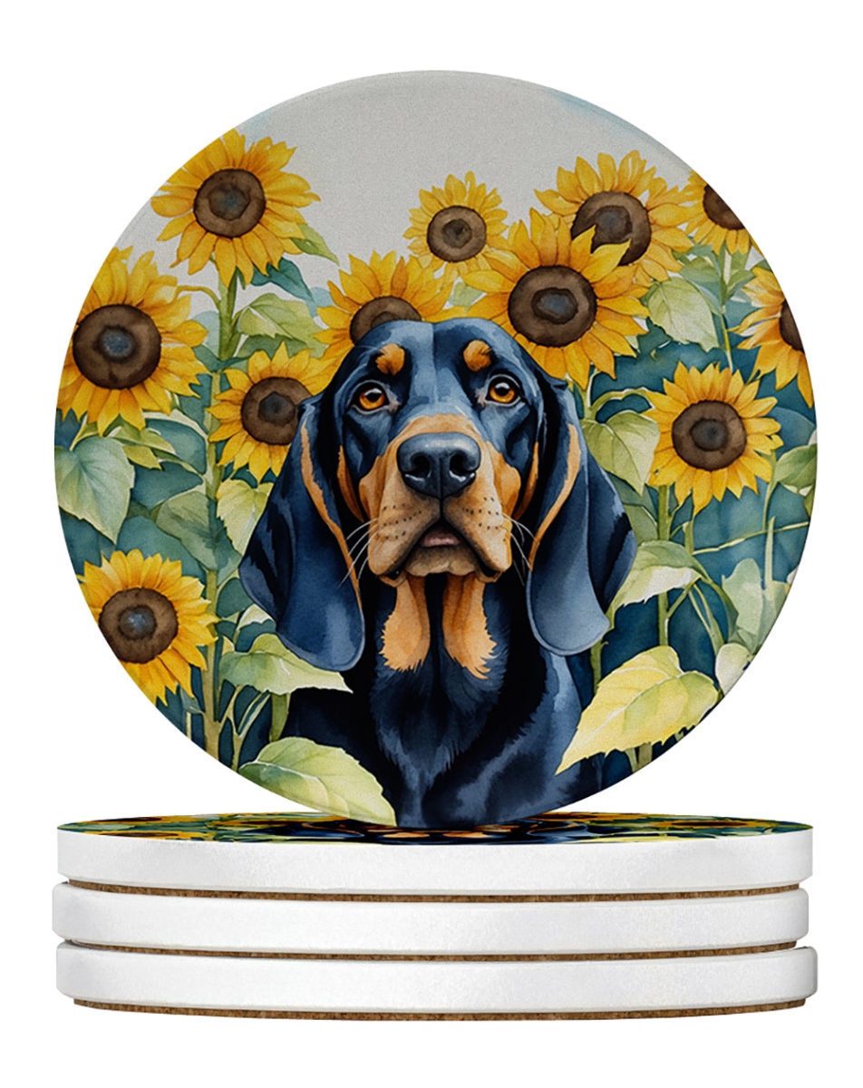 DAC6028RCS4 4 x 4 in. Black & Tan Coonhound in Sunflowers Sandstone Coasters - Large - Pack of 4