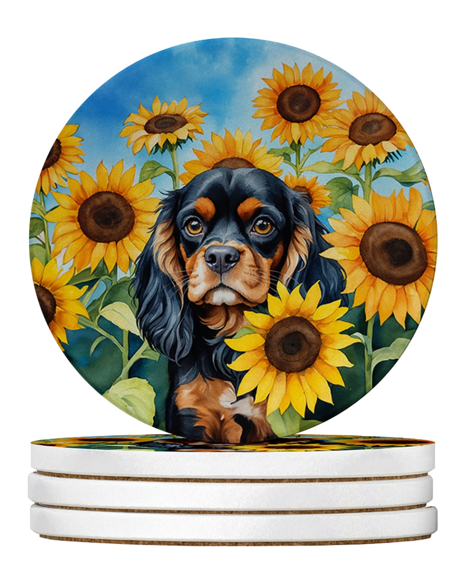 DAC6048RCS4 4 x 4 in. Cavalier Spaniel in Sunflowers Sandstone Coasters - Large - Pack of 4
