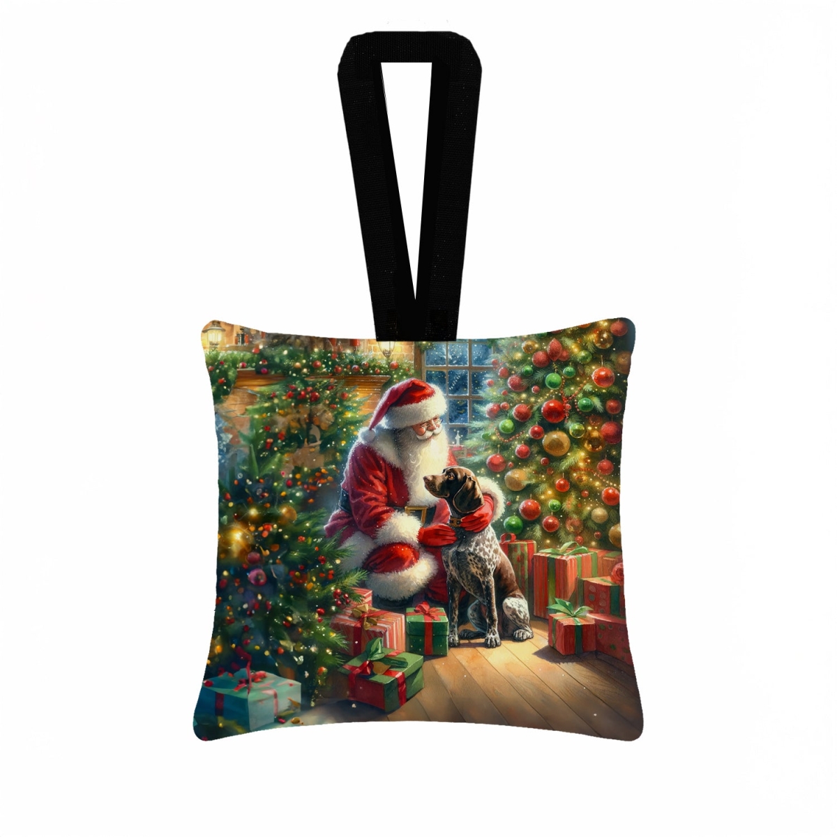 DAC4115PO3 3.5 x 3.5 in. German Shorthaired Pointer & Santa Claus Hanging Square Fabric Ornament