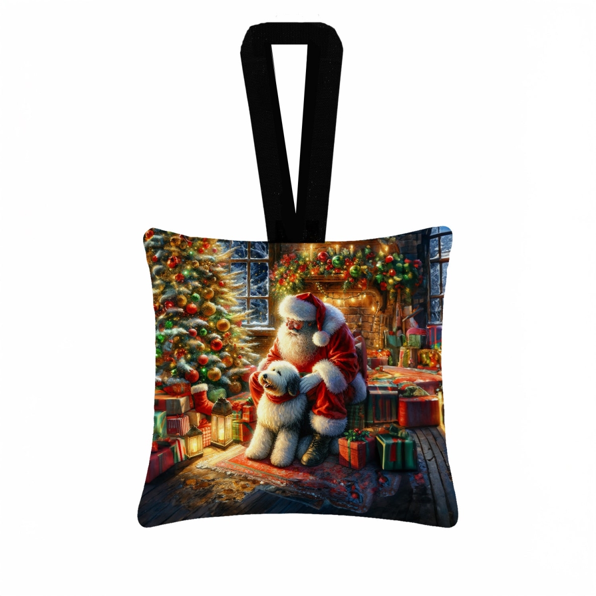 DAC4146PO3 3.5 x 3.5 in. Old English Sheepdog & Santa Claus Hanging Square Fabric Ornament