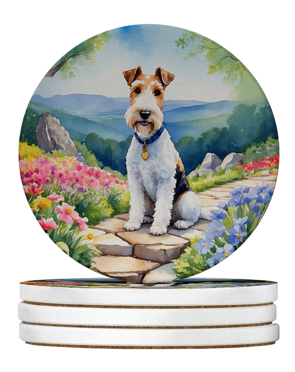 DAC6627RCS4 4 x 4 in. Fox Terrier Spring Path Sandstone Coasters - Large - Pack of 4