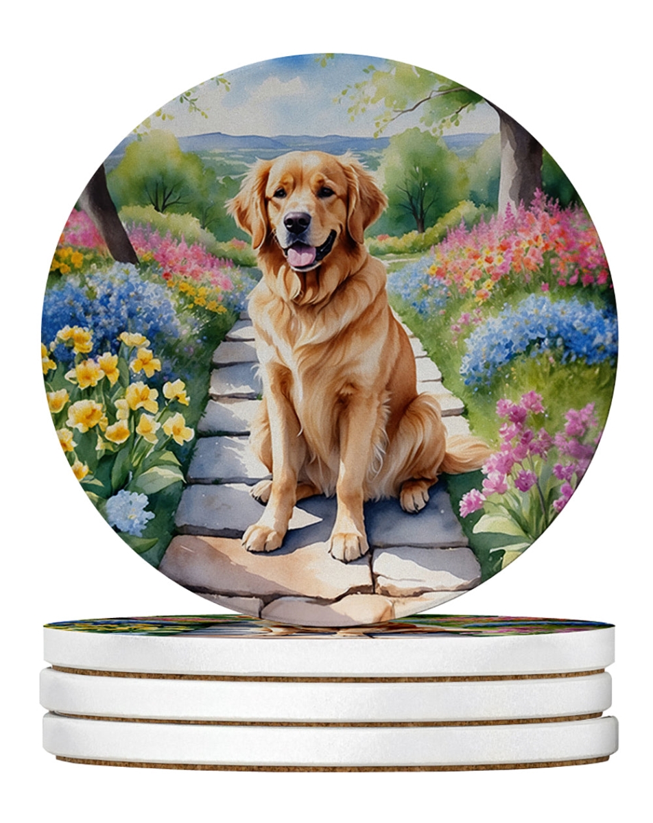 DAC6636RCS4 4 x 4 in. Golden Retriever Spring Path Sandstone Coasters - Large - Pack of 4
