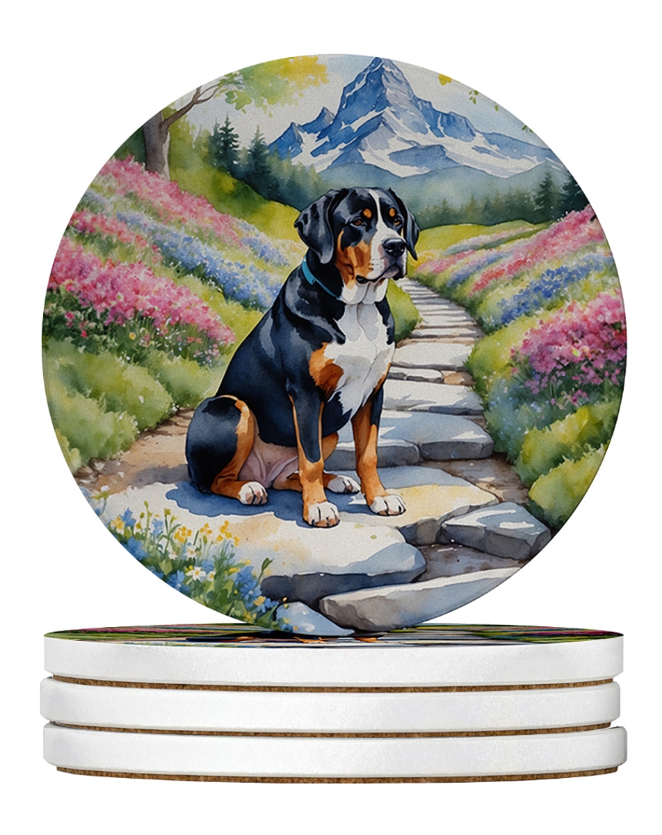 DAC6646RCS4 4 x 4 in. Greater Swiss Mountain Dog Spring Path Sandstone Coasters - Large - Pack of 4