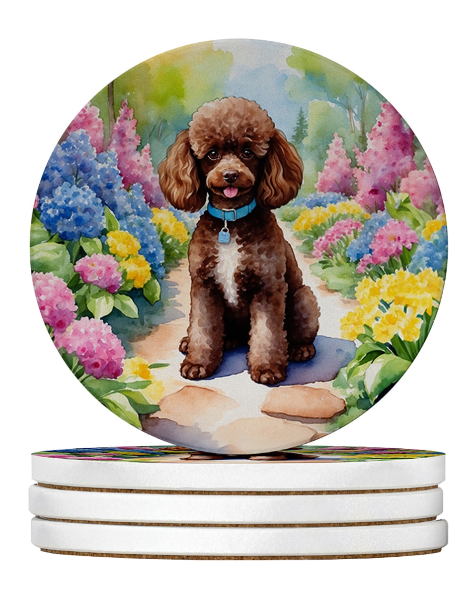 DAC6695RCS4 4 x 4 in. Chocolate Poodle Spring Path Sandstone Coasters - Large - Pack of 4