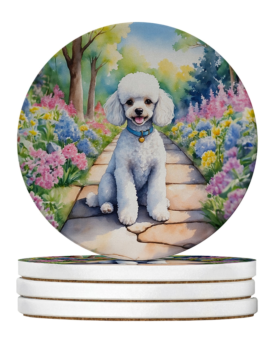 DAC6697RCS4 4 x 4 in. White Poodle Spring Path Sandstone Coasters - Large - Pack of 4
