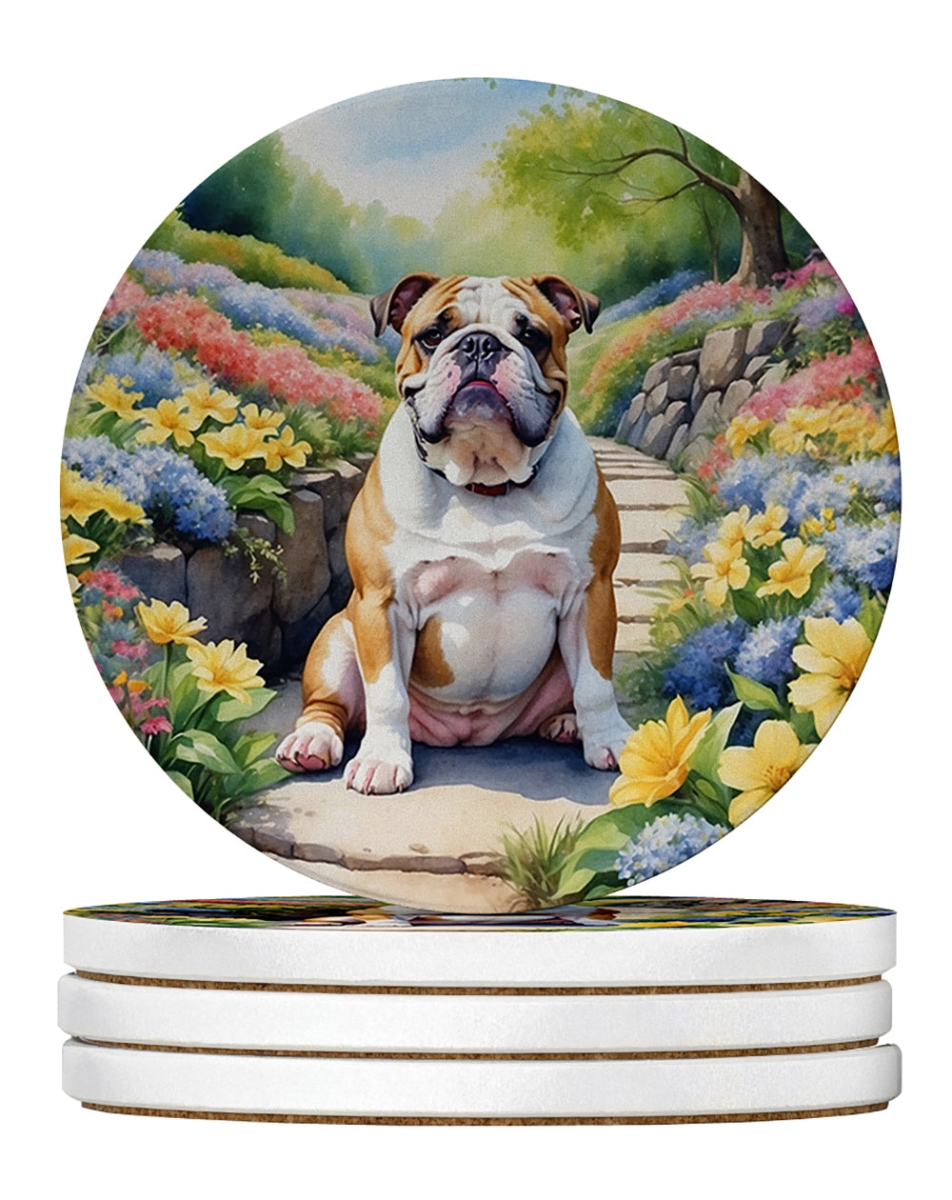 DAC6622RCS4 4 x 4 in. English Bulldog Spring Path Sandstone Coasters - Large - Pack of 4