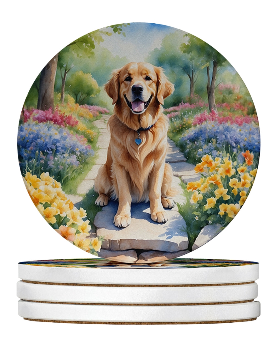 DAC6637RCS4 4 x 4 in. Golden Retriever Spring Path Sandstone Coasters - Large - Pack of 4
