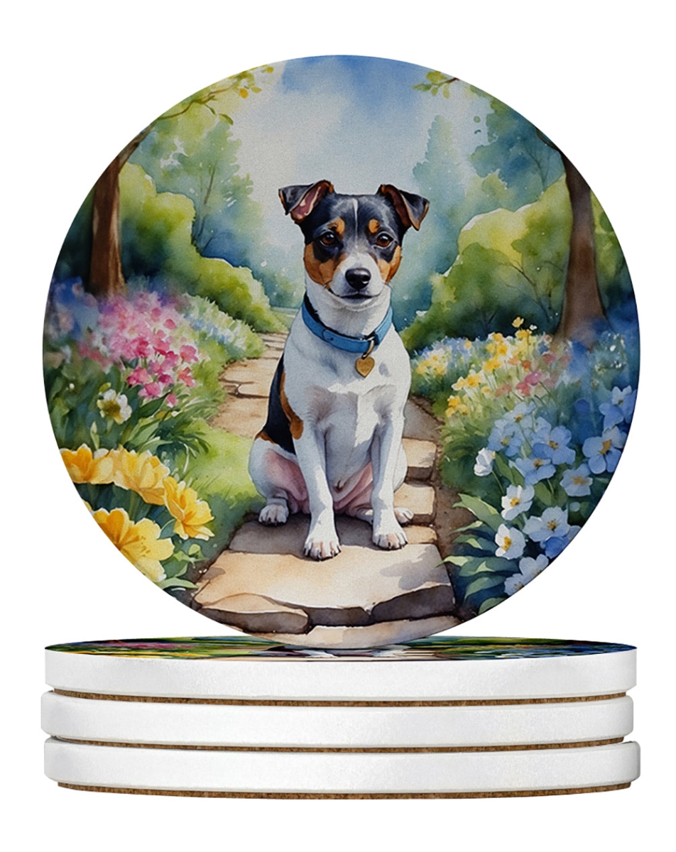DAC6653RCS4 4 x 4 in. Jack Russell Terrier Spring Path Sandstone Coasters - Large - Pack of 4
