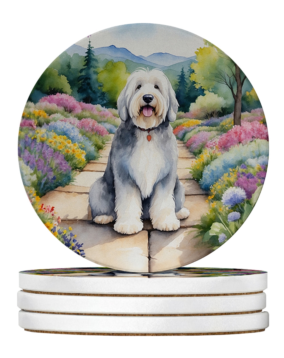 DAC6682RCS4 4 x 4 in. Old English Sheepdog Spring Path Sandstone Coasters - Large - Pack of 4