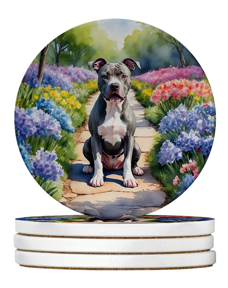 DAC6688RCS4 4 x 4 in. Pit Bull Terrier Spring Path Sandstone Coasters - Large - Pack of 4