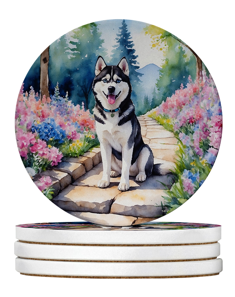DAC6719RCS4 4 x 4 in. Siberian Husky Spring Path Sandstone Coasters - Large - Pack of 4