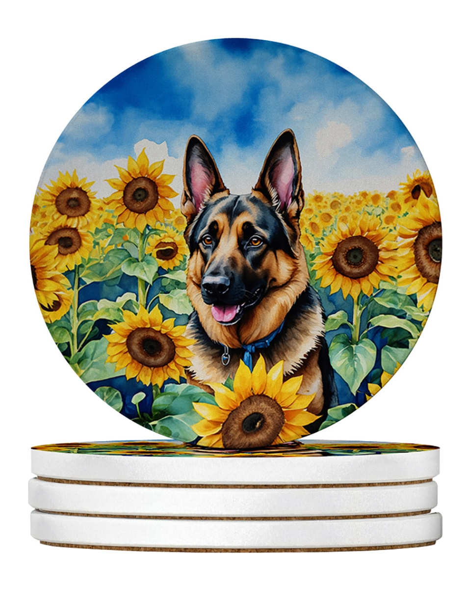 DAC6084RCS4 4 x 4 in. German Shepherd in Sunflowers Sandstone Coasters - Large - Pack of 4