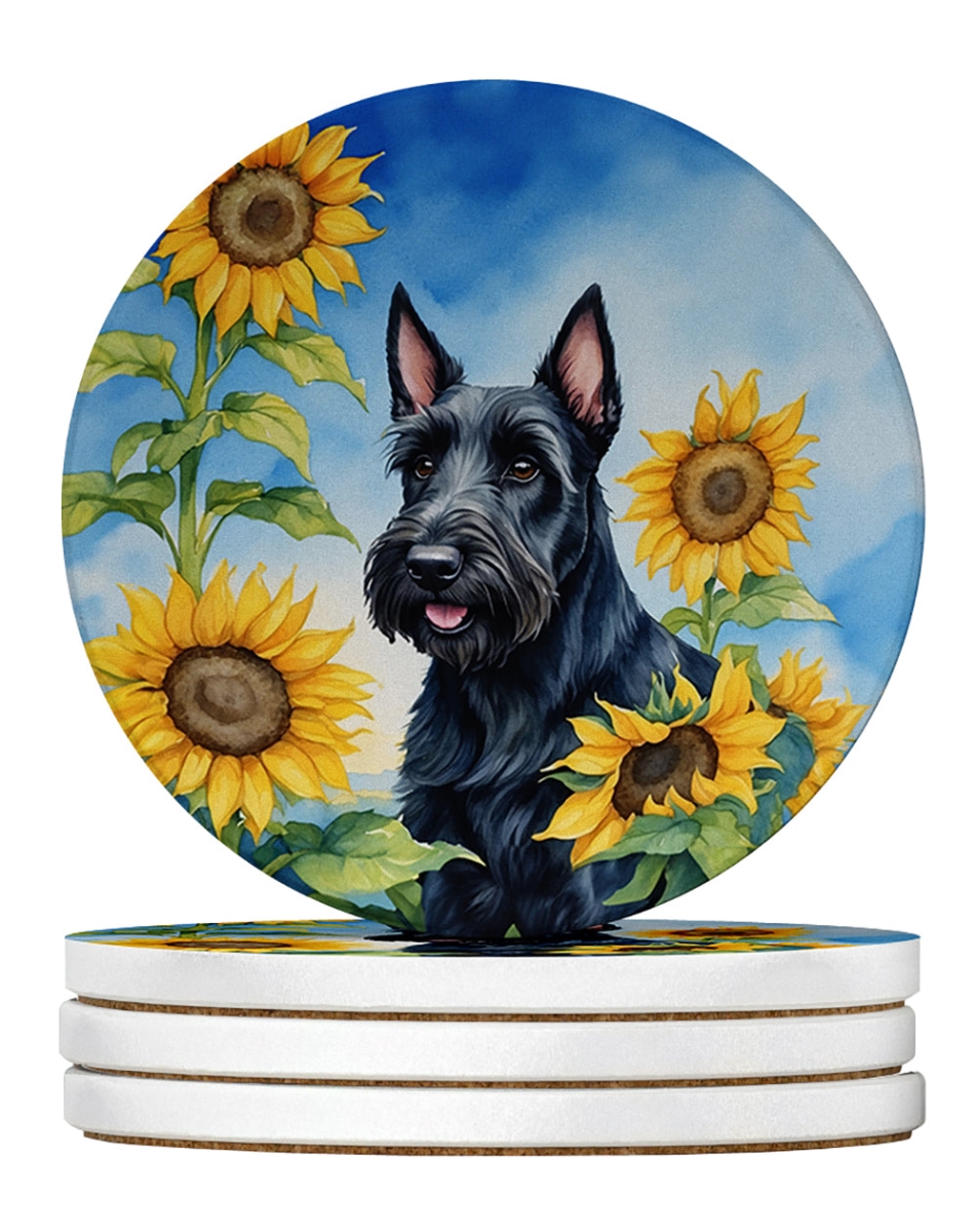 DAC6158RCS4 4 x 4 in. Scottish Terrier in Sunflowers Sandstone Coasters - Large - Pack of 4