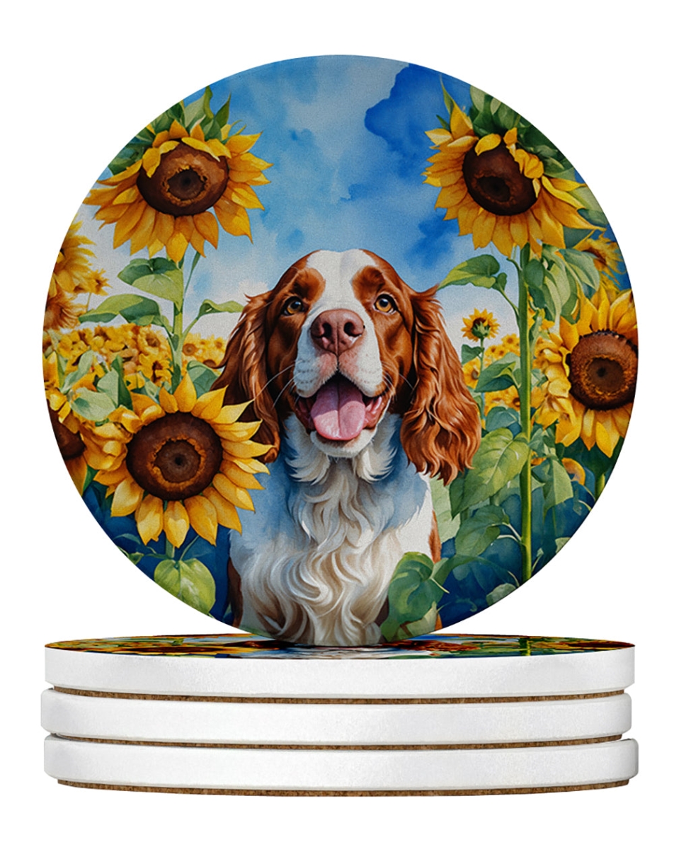 DAC6171RCS4 4 x 4 in. Welsh Springer Spaniel in Sunflowers Sandstone Coasters - Large - Pack of 4