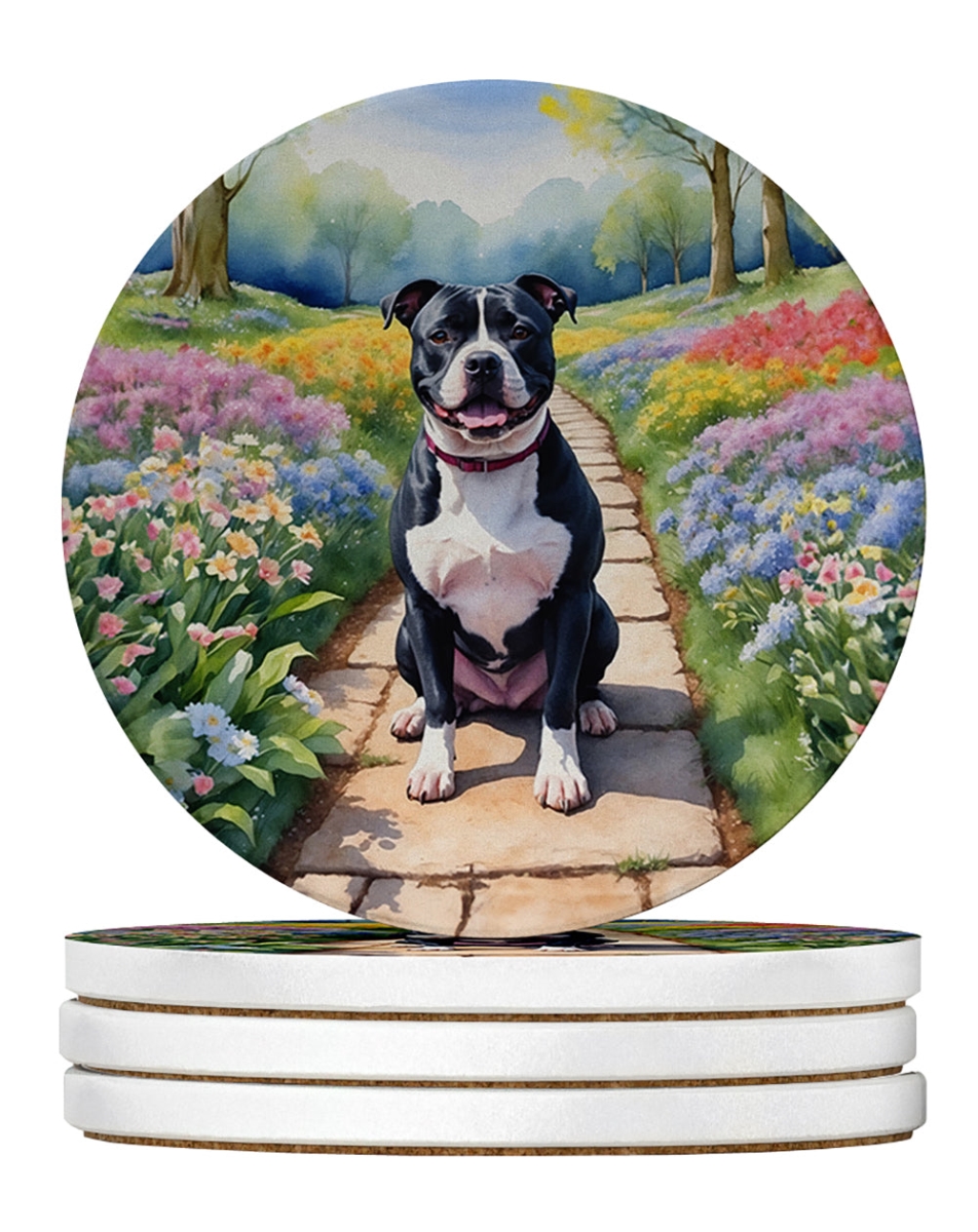 DAC6722RCS4 4 x 4 in. Staffordshire Bull Terrier Spring Path Sandstone Coasters - Large - Pack of 4