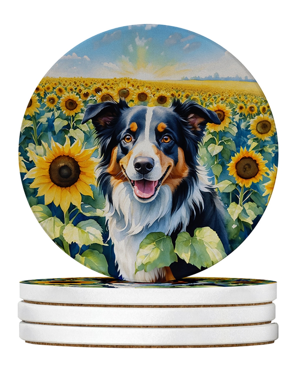 DAC6032RCS4 4 x 4 in. Border Collie in Sunflowers Sandstone Coasters - Large - Pack of 4