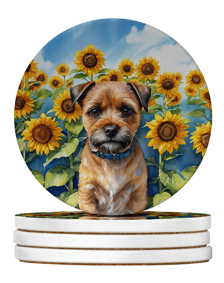 DAC6033RCS4 4 x 4 in. Border Terrier in Sunflowers Sandstone Coasters - Large - Pack of 4