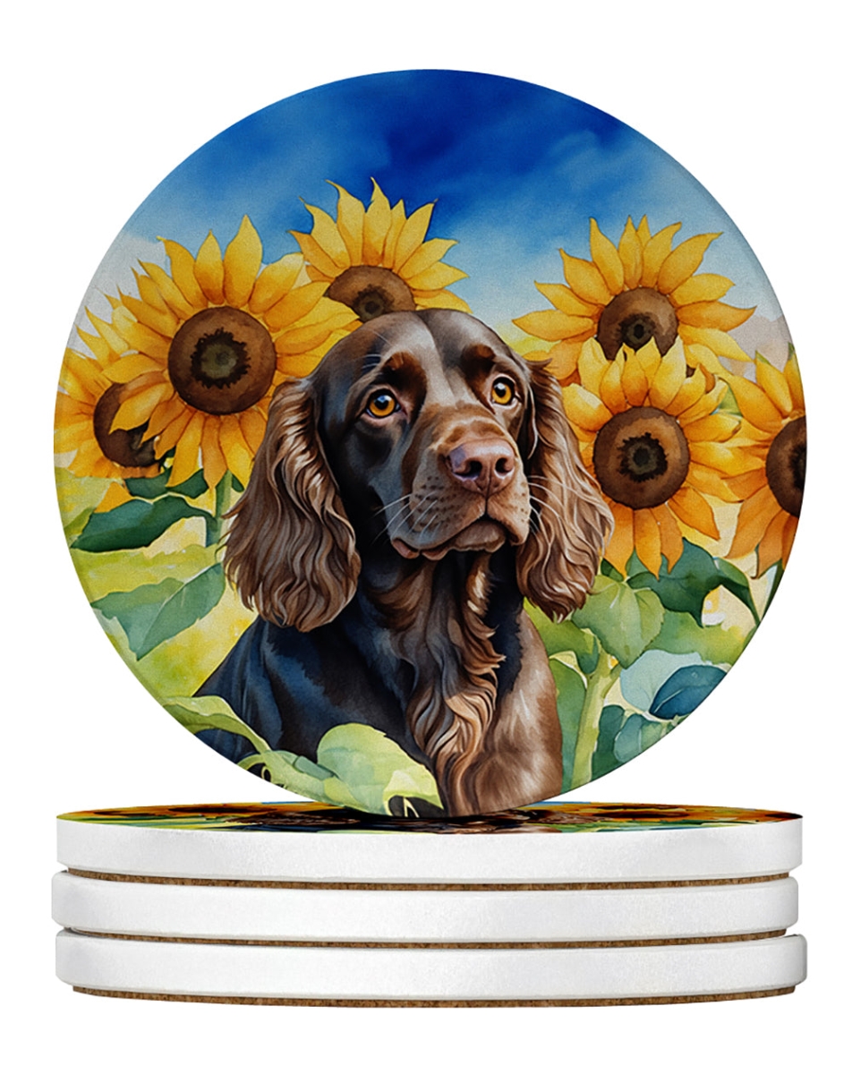 DAC6039RCS4 4 x 4 in. Boykin Spaniel in Sunflowers Sandstone Coasters - Large - Pack of 4