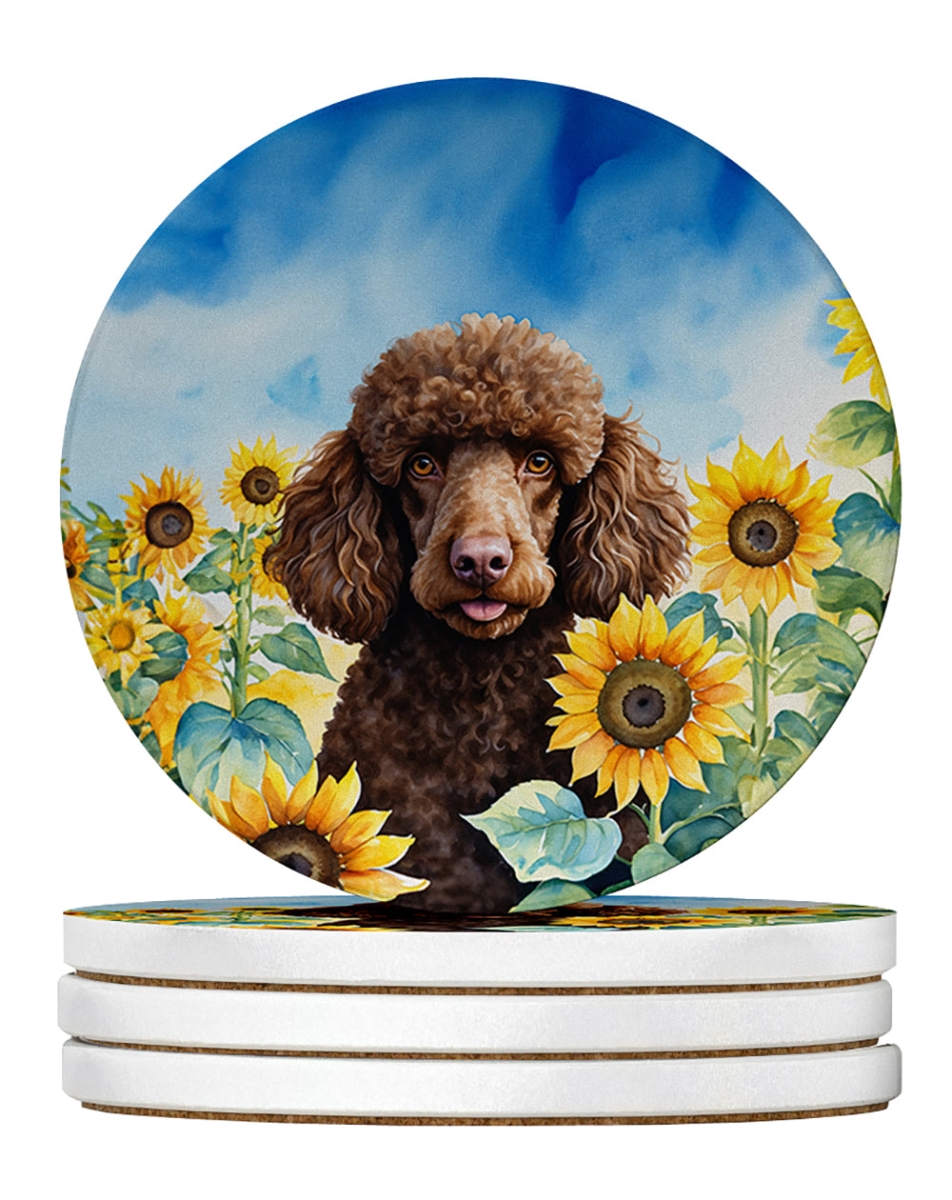 DAC6140RCS4 4 x 4 in. Chocolate Poodle in Sunflowers Sandstone Coasters - Large - Pack of 4