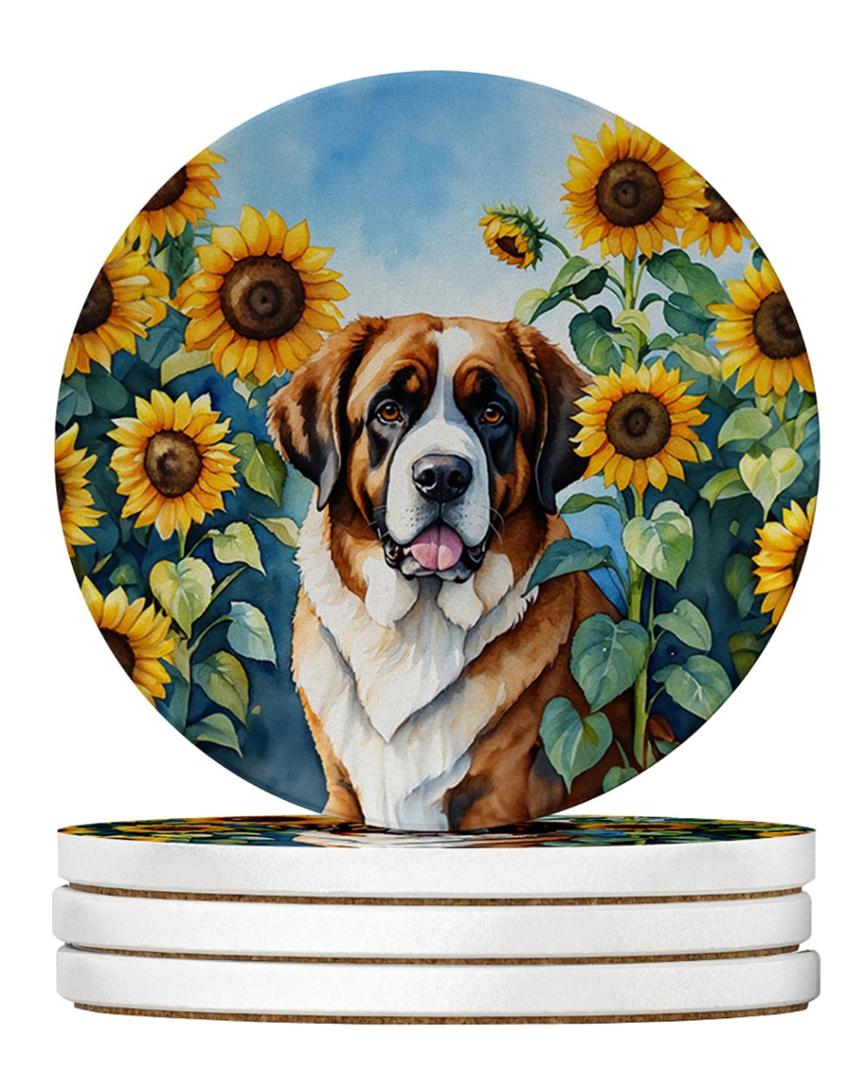 DAC6151RCS4 4 x 4 in. Saint Bernard in Sunflowers Sandstone Coasters - Large - Pack of 4