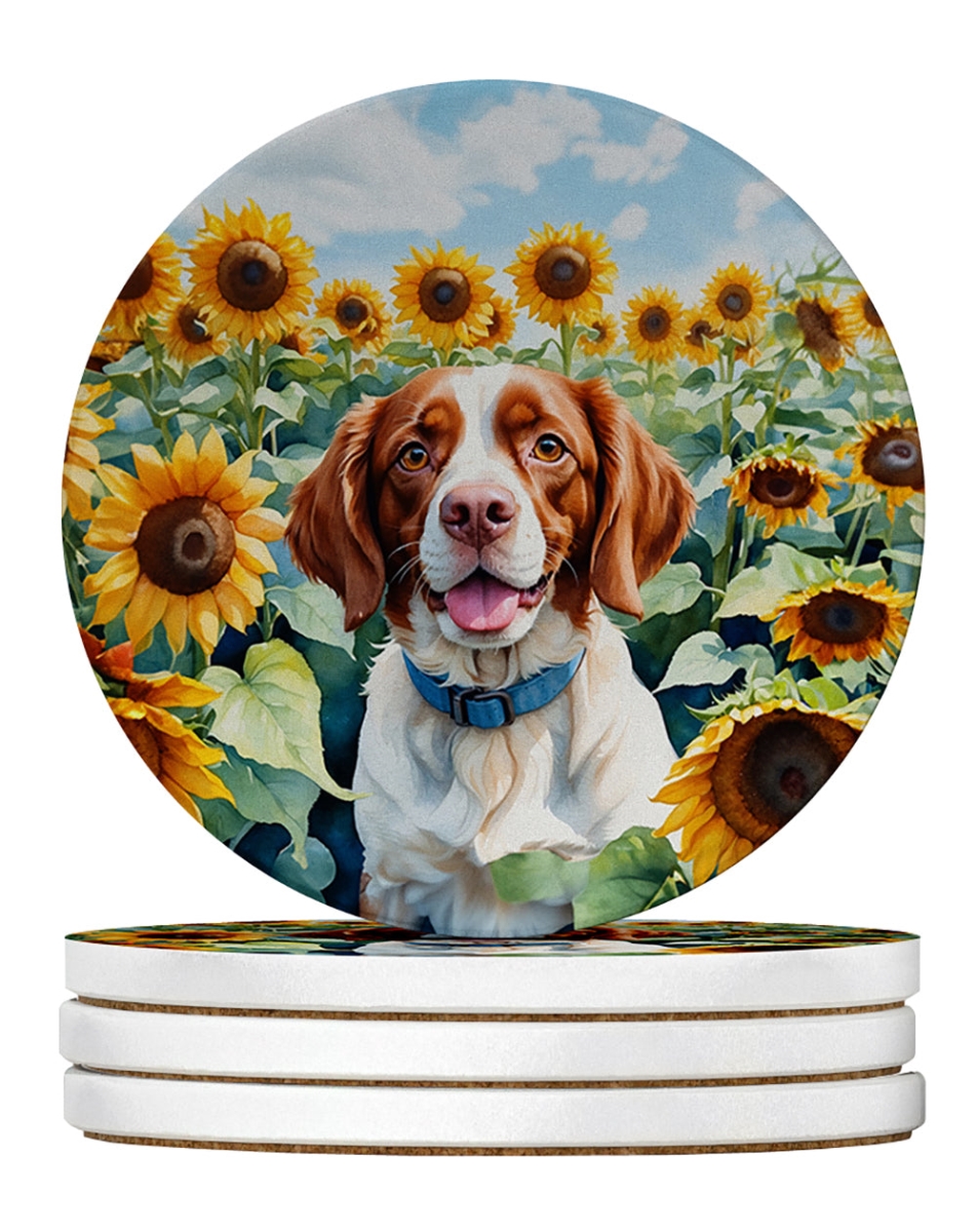 DAC6040RCS4 4 x 4 in. Brittany Spaniel in Sunflowers Sandstone Coasters - Large - Pack of 4