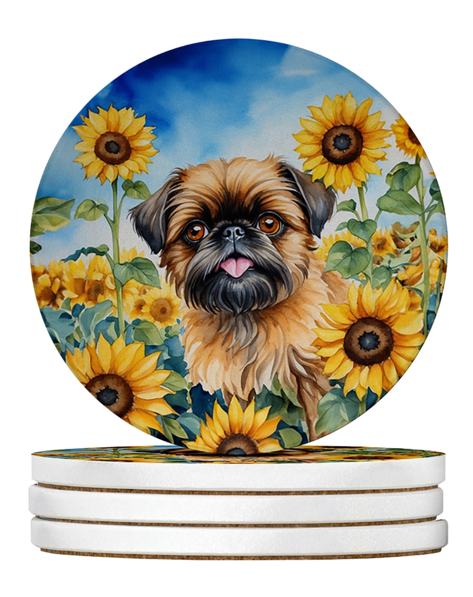 DAC6041RCS4 4 x 4 in. Brussels Griffon in Sunflowers Sandstone Coasters - Large - Pack of 4