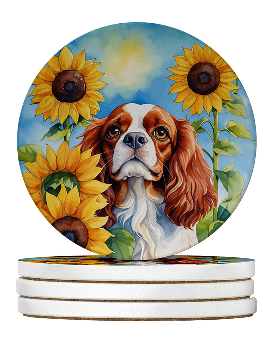 DAC6047RCS4 4 x 4 in. Cavalier Spaniel in Sunflowers Sandstone Coasters - Large - Pack of 4