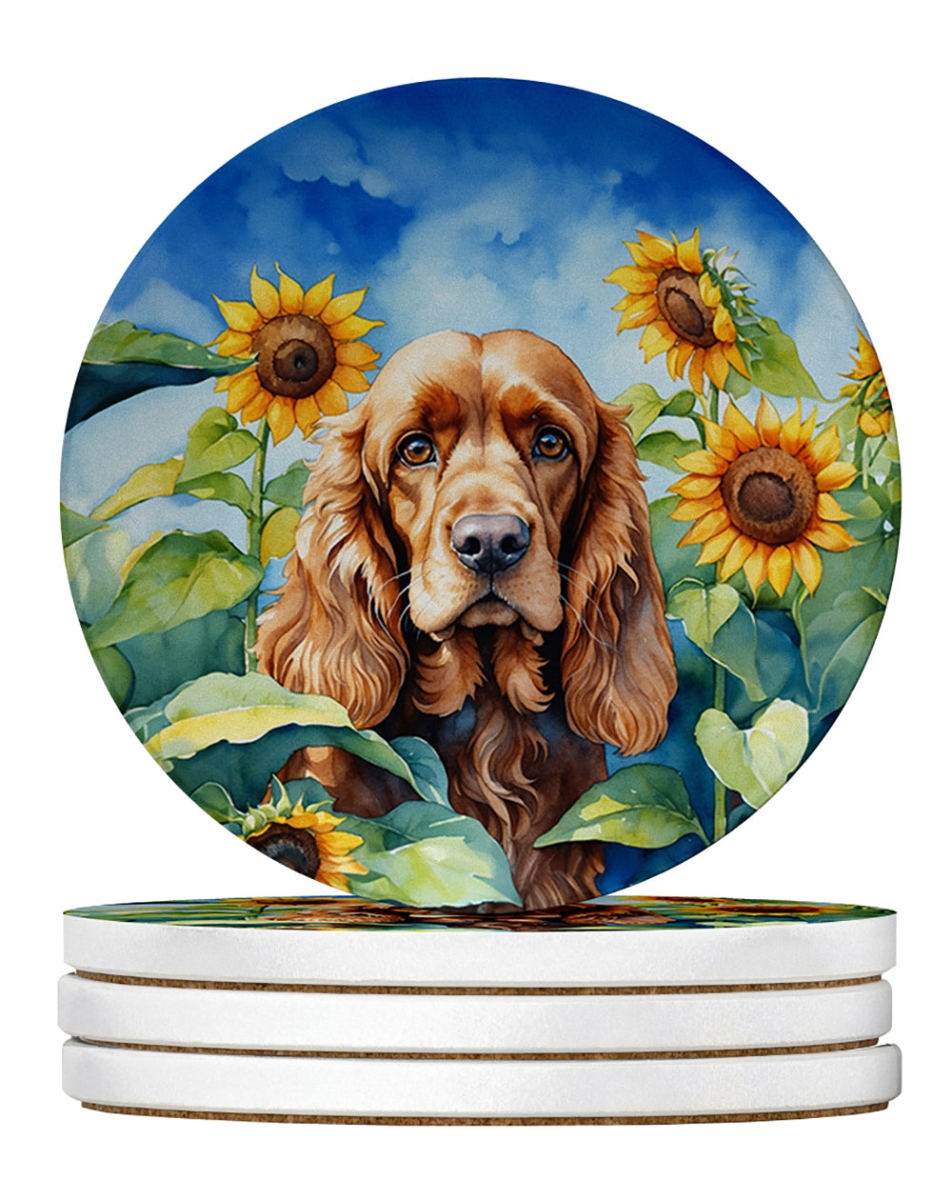 DAC6059RCS4 4 x 4 in. Cocker Spaniel in Sunflowers Sandstone Coasters - Large - Pack of 4