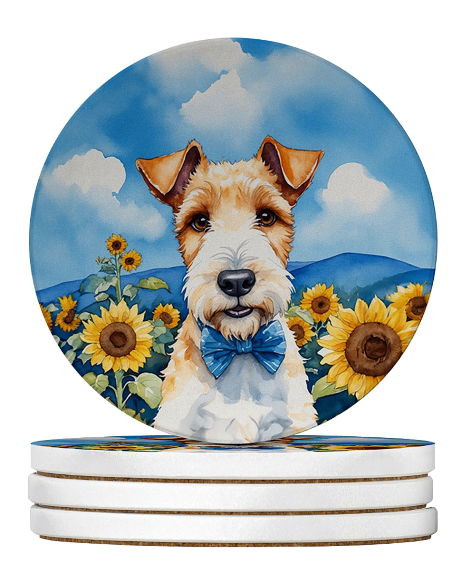 DAC6079RCS4 4 x 4 in. Fox Terrier in Sunflowers Sandstone Coasters - Large - Pack of 4