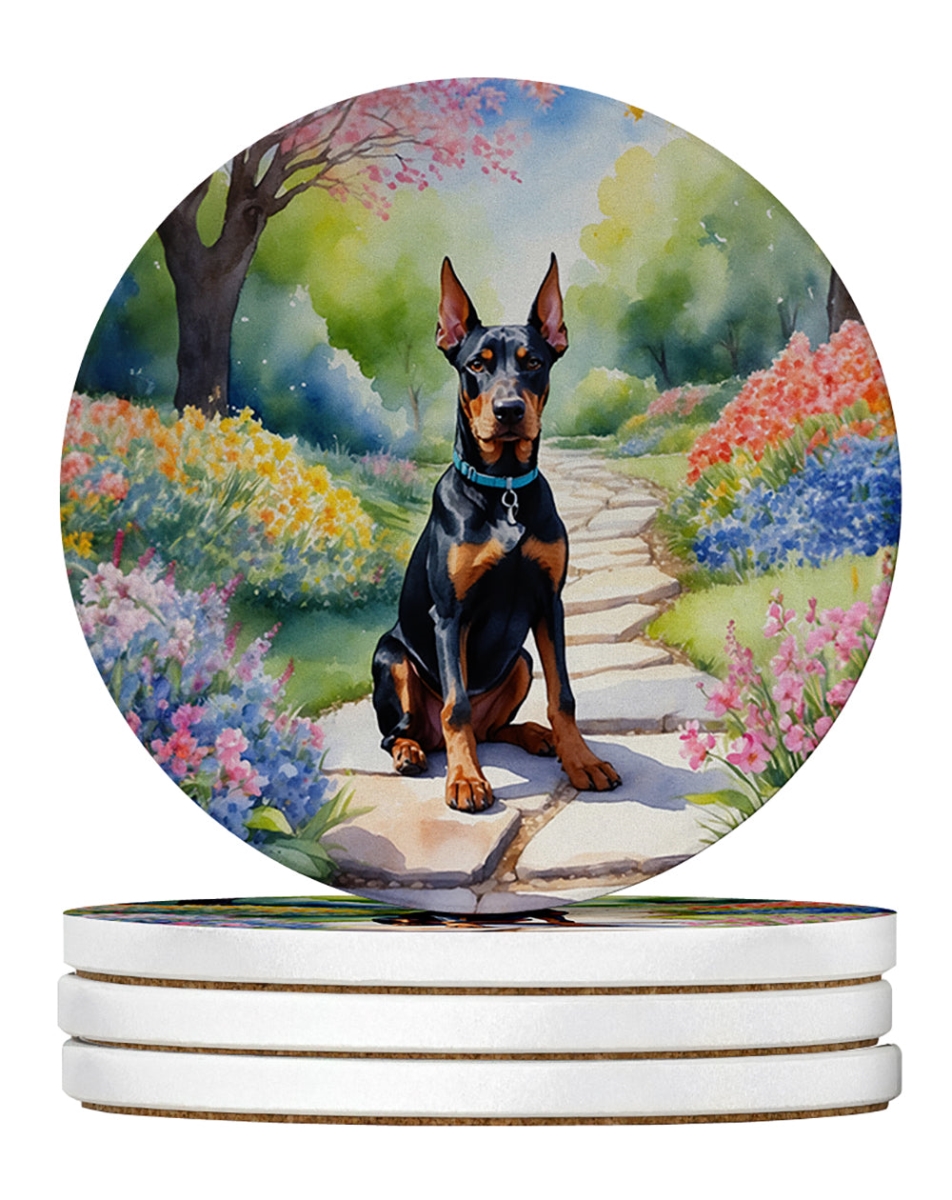 DAC6617RCS4 4 x 4 in. Doberman Pinscher Spring Path Sandstone Coasters - Large - Pack of 4