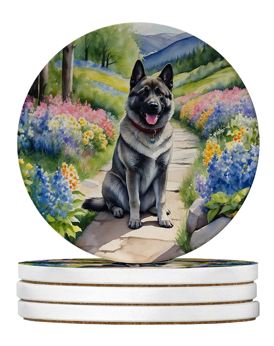 DAC6679RCS4 4 x 4 in. Norwegian Elkhound Spring Path Sandstone Coasters - Large - Pack of 4